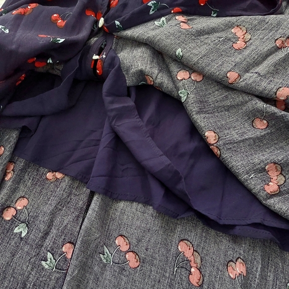 NAVY WITH WIMSICAL CHERRY PRINT MAXI / MIDI BUTTON FRONT DRESS - Picture 9 of 11